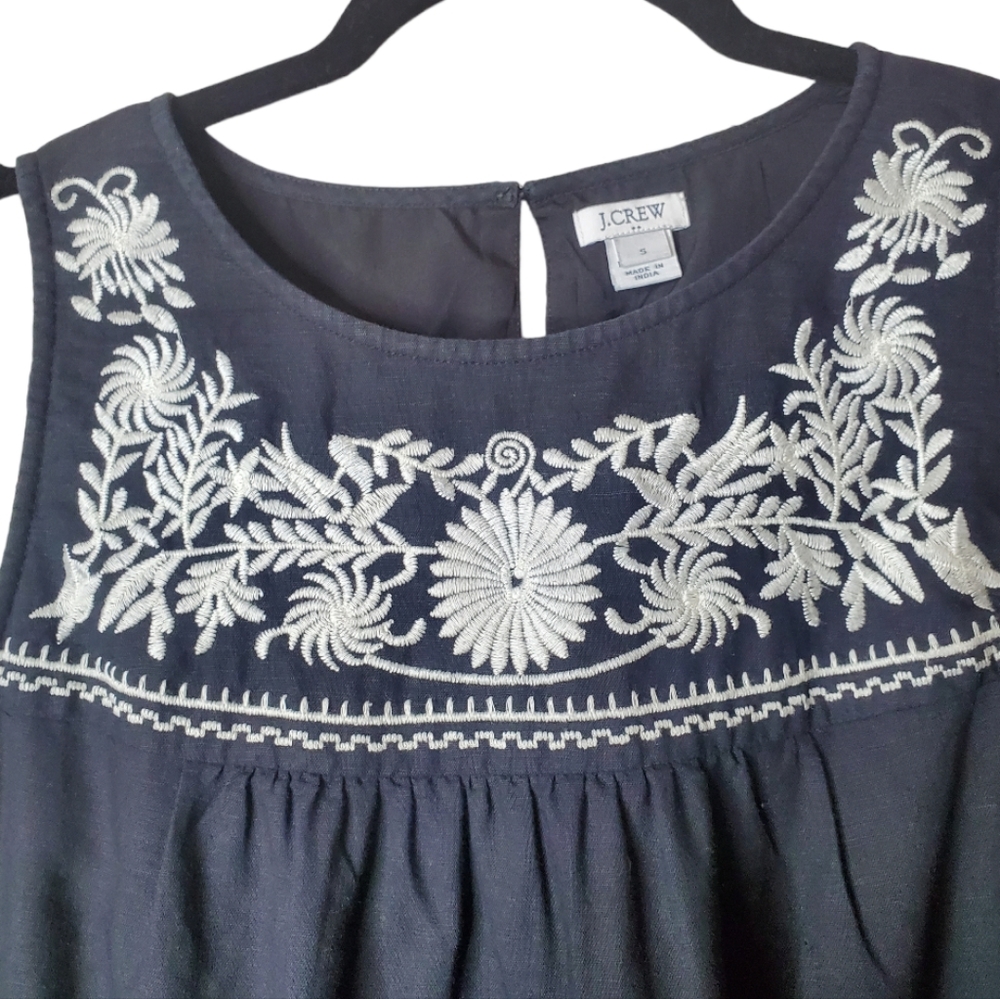 J. Crew Linen Blend Black Dress Embroidered Floral Boho Size Small Made … - Picture 4 of 11